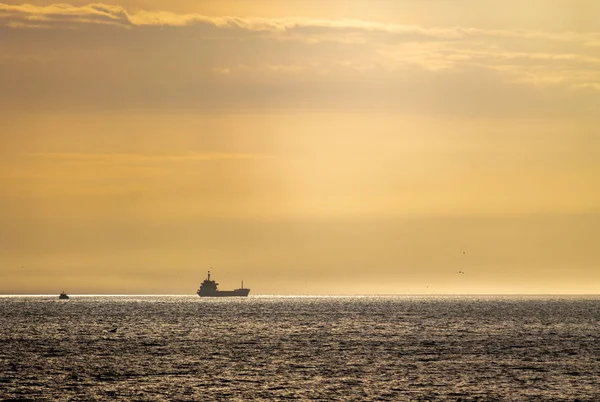 Bir kargo gemisi denizde ufukta gün batımından önce görülür.