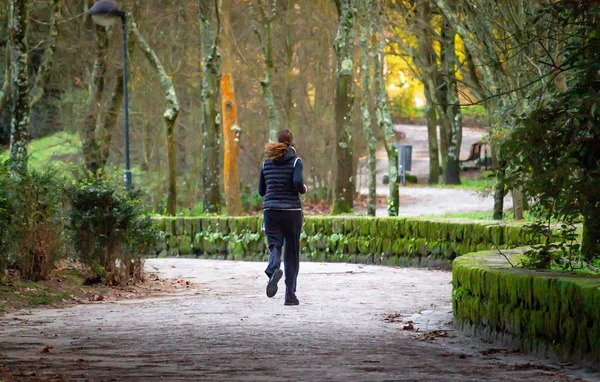 Vista Posteriore Una Giovane Donna Che Corre Parco Verde Della — Foto Stock