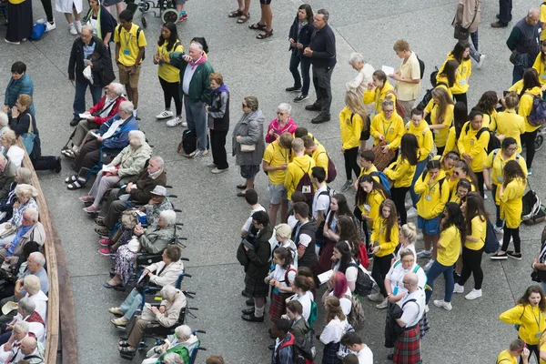 Lourdes France July 2016 Volunteers Help Pilgrim Wheelchair Shrine Virgin — Stock Photo, Image