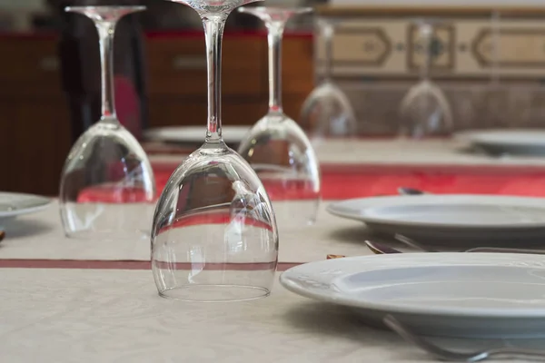 Closeup Glasses Plates Served Table — Stock Photo, Image