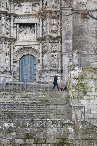 Vue Sur Ancien Bâtiment Pierre Homme Marchant Avec Chien — Photo