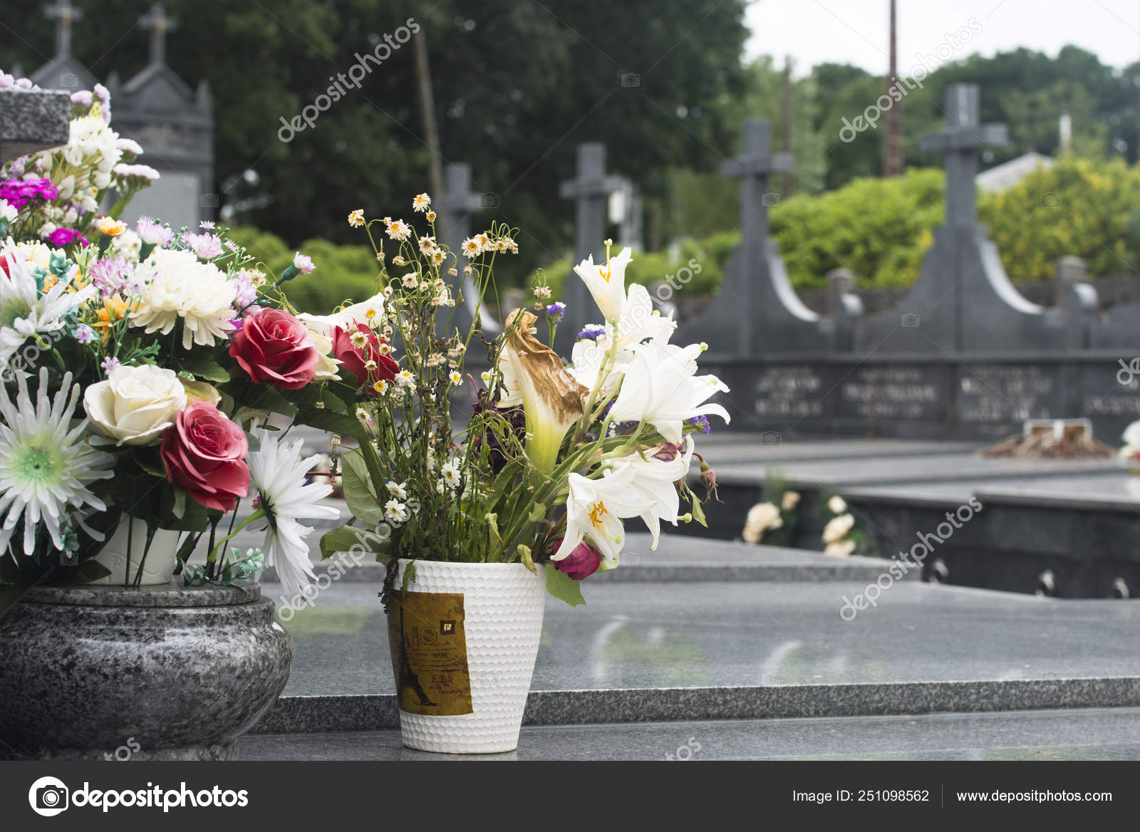 Various Flowers Vases Cemetery Grave Stock Photo C Mimohe 251098562