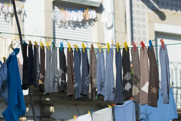 View Male Socks Drying Clothesline — Stock Photo, Image