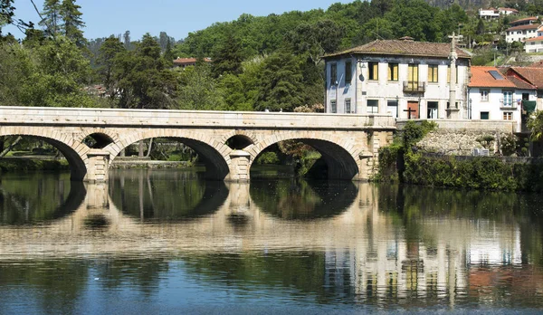 Sonnenbeleuchtete Szenerie Mit Viel Grün Gebäuden Und Brücke Die Sich — Stockfoto