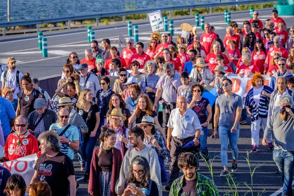 PONTEVEDRA, İspanya - 16 Haziran 2018: Köyün bir kıyı bölgesinde, Ria de Pontevedra 'da kağıt hamuru endüstrisinin kalıcılığına karşı gösteri.