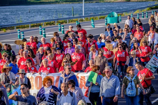 PONTEVEDRA, İspanya - 16 Haziran 2018: Köyün bir kıyı bölgesinde, Ria de Pontevedra 'da kağıt hamuru endüstrisinin kalıcılığına karşı gösteri.