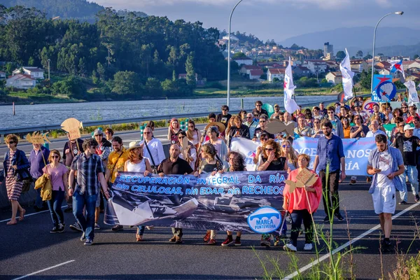 PONTEVEDRA, İspanya - 16 Haziran 2018: Köyün bir kıyı bölgesinde, Ria de Pontevedra 'da kağıt hamuru endüstrisinin kalıcılığına karşı gösteri.