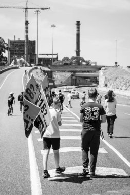 PONTEVEDRA, İspanya - 16 Haziran 2019: Ria de Pontevedra kıyılarında yer alan pasta endüstrisine karşı ekolojik gösteri.