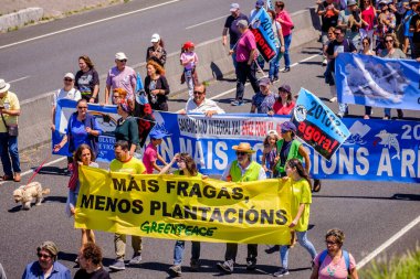 PONTEVEDRA, İspanya - 16 Haziran 2019: Ria de Pontevedra kıyılarında yer alan pasta endüstrisine karşı ekolojik gösteri.