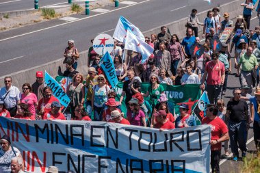 PONTEVEDRA, İspanya - 16 Haziran 2019: Ria de Pontevedra kıyılarında yer alan pasta endüstrisine karşı ekolojik gösteri.