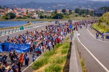 PONTEVEDRA, İspanya - 16 Haziran 2019: Ria de Pontevedra kıyılarında yer alan pasta endüstrisine karşı ekolojik gösteri.