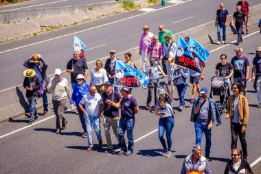 PONTEVEDRA, İspanya - 16 Haziran 2019: Ria de Pontevedra kıyılarında yer alan pasta endüstrisine karşı ekolojik gösteri.