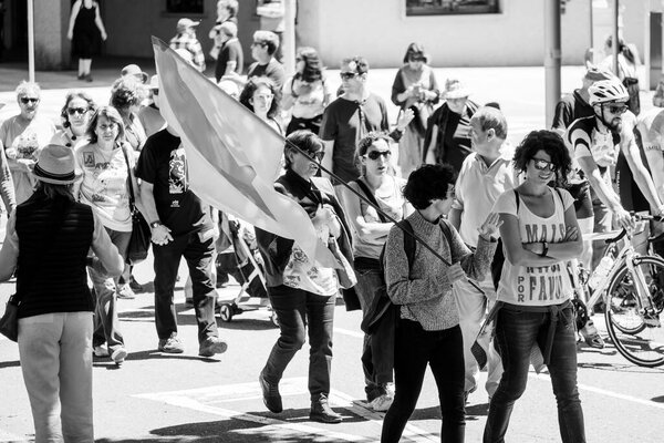 PONTEVEDRA, SPAIN - JUNE 16, 2019: Ecological demonstration against a pastry industry located on the banks of the Ria de Pontevedra.