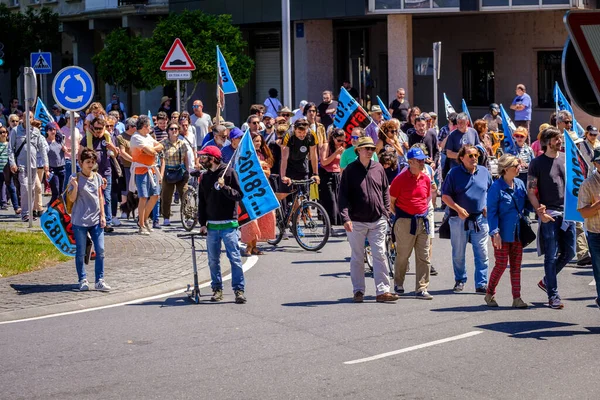PONTEVEDRA, İspanya - 16 Haziran 2019: Ria de Pontevedra kıyılarında yer alan pasta endüstrisine karşı ekolojik gösteri.