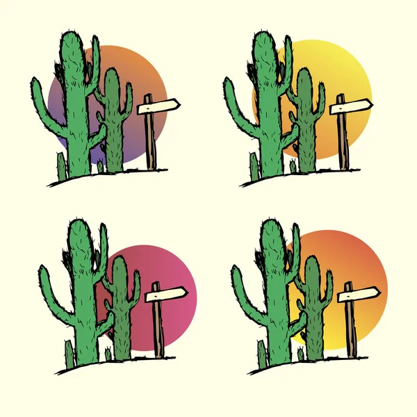 Ensemble de cactus dans le désert avec un pointeur. Dessiné à la main — Image vectorielle