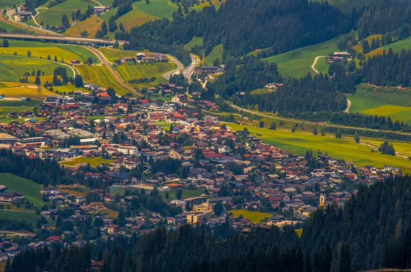 stock image view of distant village buildings in mountain valley