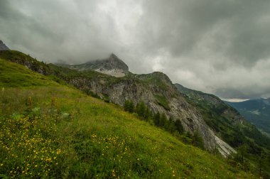 yeşil çayırlar ve kayalık tepede üzerinde bulutlu gökyüzü