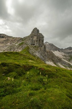 yeşil çayırlar ve kayalık tepede üzerinde bulutlu gökyüzü