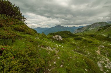 gür yeşilliklerle kaplı dağ tepe üzerinde bulutlu gökyüzü