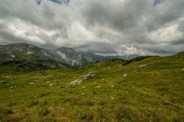 gür yeşilliklerle kaplı dağ tepe üzerinde bulutlu gökyüzü