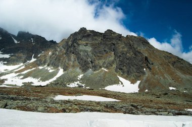 karlı dağlık manzara mavi bulutlu gökyüzü altında
