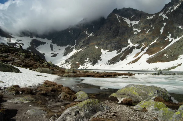 Γραφικό Τοπίο Λίμνη Και Χιονισμένες Βράχια — Φωτογραφία Αρχείου