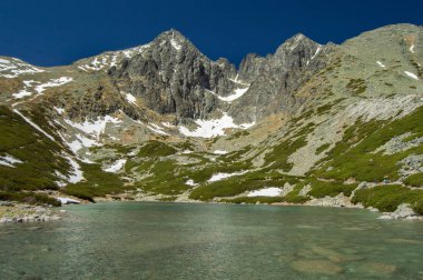 yeşillikler, kar ve göl ile dağlık manzara