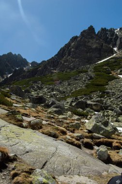 kayalar ve mavi gökyüzü altında karlı tepeleri manzaralı görünüm