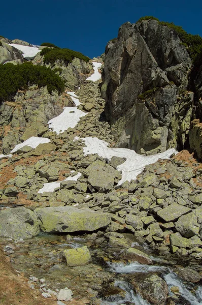 Felsiger Fluss Sonnenbeschienener Berglandschaft — Stockfoto