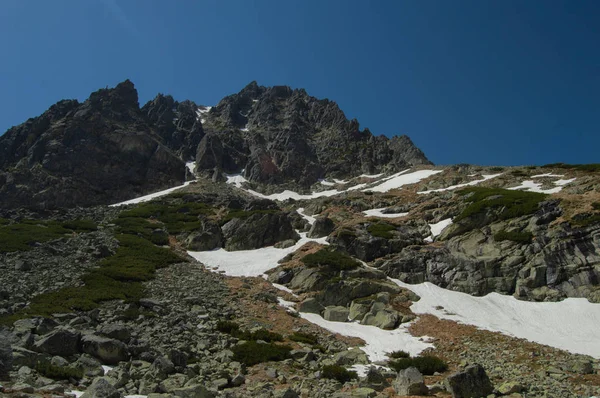 Rochers Enneigés Pittoresques Ciel Bleu Clair — Photo