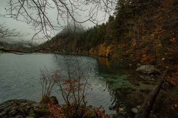 Vista Lago Montanhoso Através Árvores Nuas — Fotografia de Stock