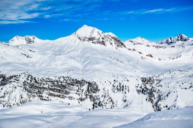 parlak güneş ışığı altında çam ağaçları ile karlı tepelerin doğal görünümü