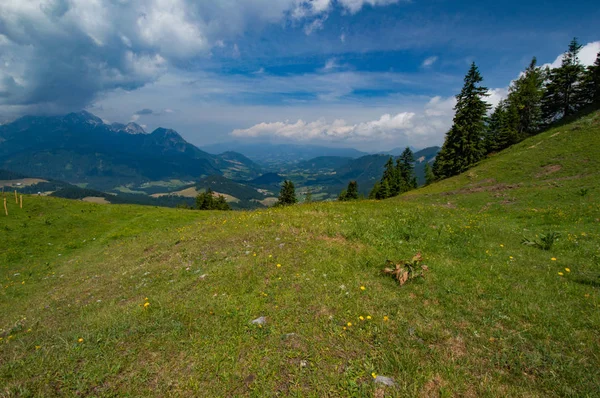 Alpská Krajina Zelená Louka Modrá Obloha — Stock fotografie