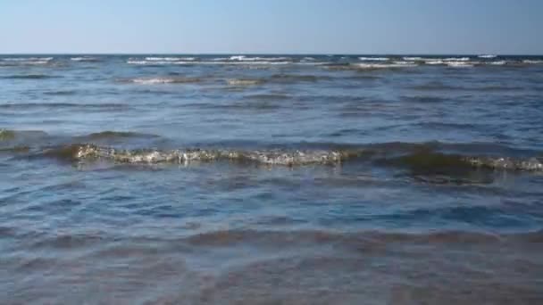 Man lopen op ondiep water van links naar rechts door de zee op het strand — Stockvideo