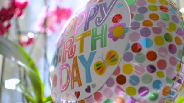 Születésnapi ünneplés ajándékok bemutatja virágokat és a ballonnal tükrözik a napfény