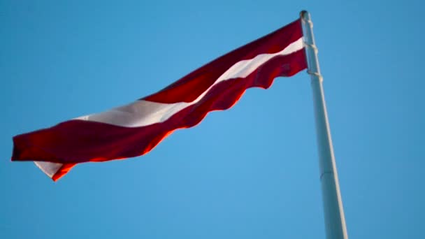 Флаг Латвии на огромном высоком флагштоке, дующем на ветру — стоковое видео