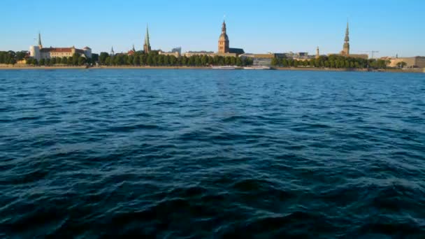 Riga cityscape Old Town panorama with river water for text background copyspace — Stock Video