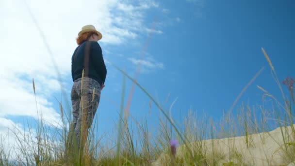Žena hledá daleko do budoucí postavení na pozadí oblohy copyspace beach — Stock video