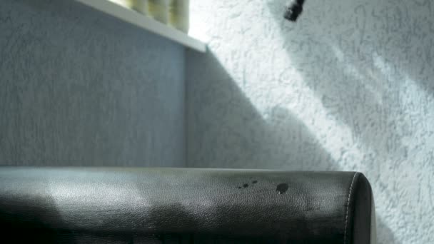 Limpieza a vapor de un cojín de sofá con la herramienta Karcher. Concepto de limpieza del hogar . — Vídeos de Stock