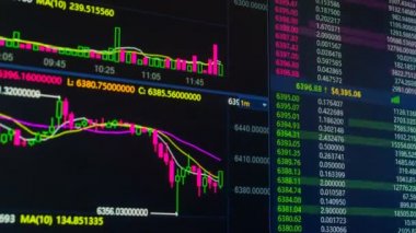 Yukarı ve aşağı gidiş dijital pazarı Borsası'nda Bitcoin cryptocurrency fiyat tablosu