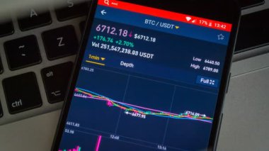 Bitcoin cryptocurrency fiyat grafik dijital döviz laptop klavye üzerinde hareket eden telefon ekranında iş finans ticaret cryptocurrency kavramı