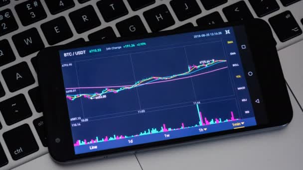 Gráfico de preços de criptomoeda Bitcoin na troca digital na tela do telefone móvel no teclado do laptop, conceito de criptomoeda de negociação de finanças de negócios — Vídeo de Stock