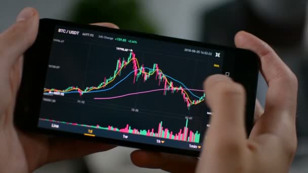 Grafico dei prezzi criptovaluta Bitcoin sullo schermo del telefono cellulare, criptovaluta futuro concetto di previsione dei prezzi — Video Stock