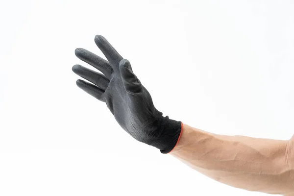 Férfi kéz fekete csúszásgátló kesztyűvel, fehér alapon — Stock Fotó