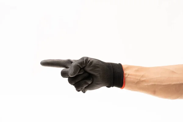 Férfi kéz fekete csúszásgátló kesztyűvel, fehér alapon — Stock Fotó