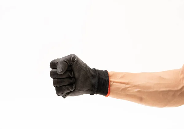 Mão de homem com luvas antiderrapantes pretas no fundo branco — Fotografia de Stock