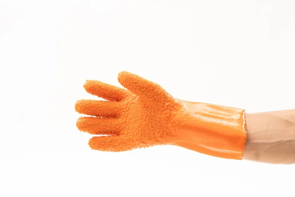 Langlebige Handschuhe zum Schälen von Gemüse und Kochen auf weißem Backgr — Stockfoto