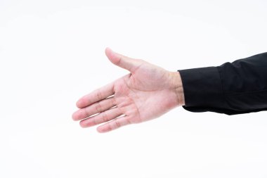 Beyaz arka plan üzerinde siyah gömlek ile Asyalı adam el