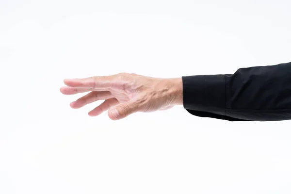 Asiatischer Mann Hand mit schwarzem Hemd auf weißem Hintergrund — Stockfoto