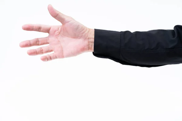 Мужская рука азиатского цвета с черной рубашкой на белом фоне — стоковое фото
